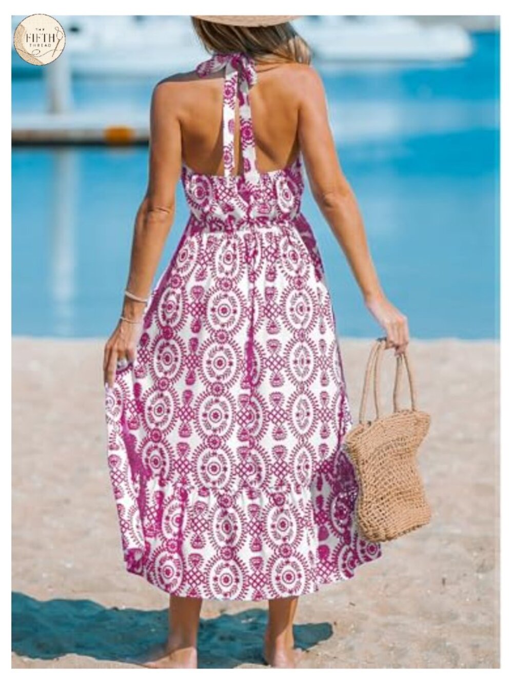 Halter Neck Boho Midi Dress Sleeveless Floral Cutout Waist Flowy Beach Vacation - Picture 2 of 3